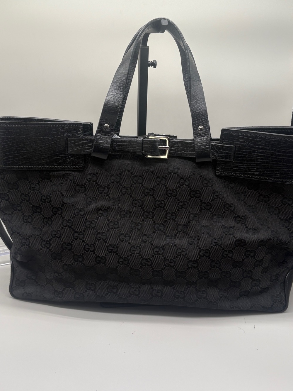 Gucci GG Canvas Large Tote Bag Black Leather Buckle Handbag 106251
